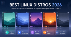 Five Linux distro desktop icons arranged for a 2026 comparison