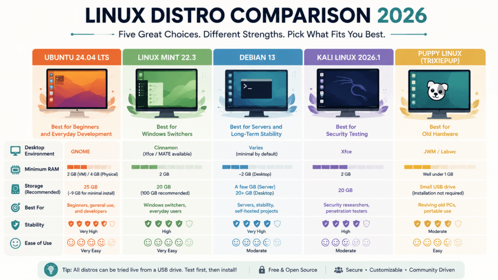 Best Linux Distros 2026: 5 Easy Picks for Every Skill Level 4 Side-by-side comparison chart of five Linux distro options for 2026