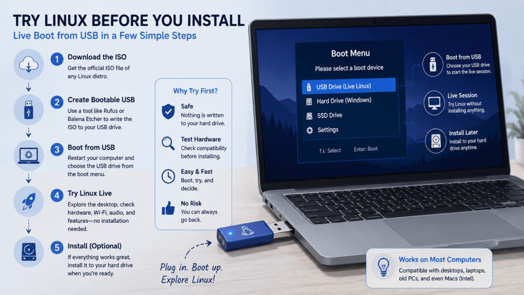 Best Linux Distros 2026: 5 Easy Picks for Every Skill Level 5 USB drive next to a laptop, illustrating a live Linux distro boot