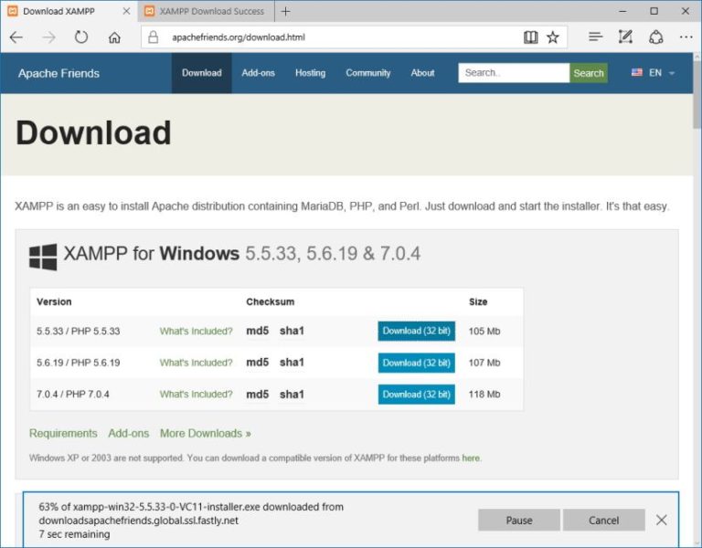 xampp for windows xp and php 7