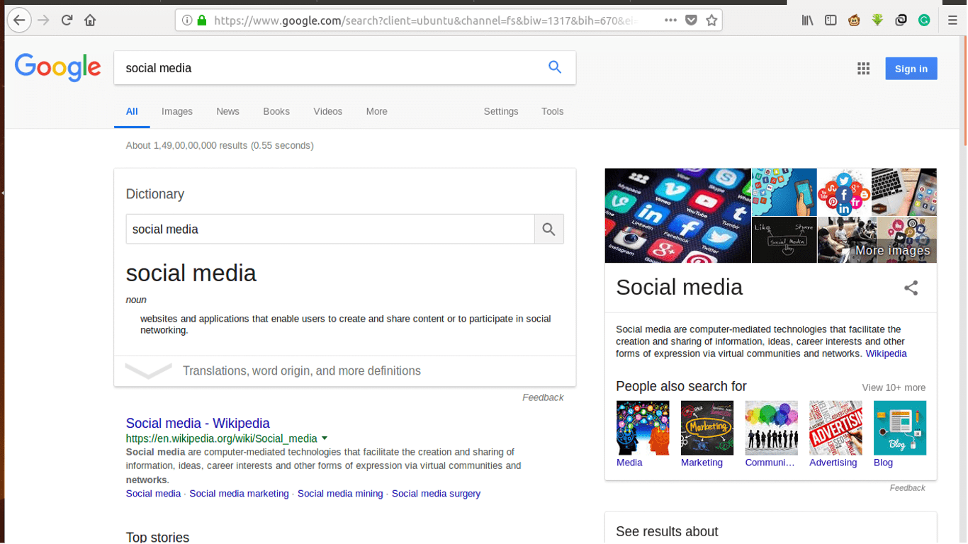 Google search page with the keyword social media