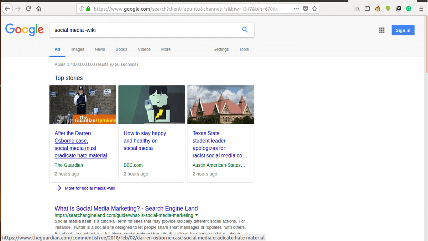 Google search with the keyword social media without any wiki info