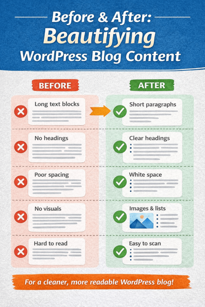Before and after infographic showing how to beautify WordPress blog content for better readability