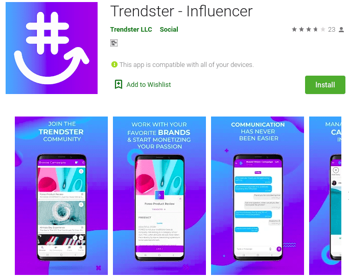Trendster on playstore Social Media Influencing mobile app