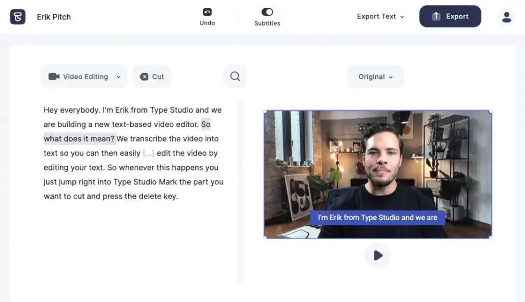 Type Studio Editor panel displaying text edit capability