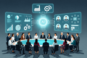 Overview illustration of AI in B2B transforming marketing, manufacturing, HR, and automation