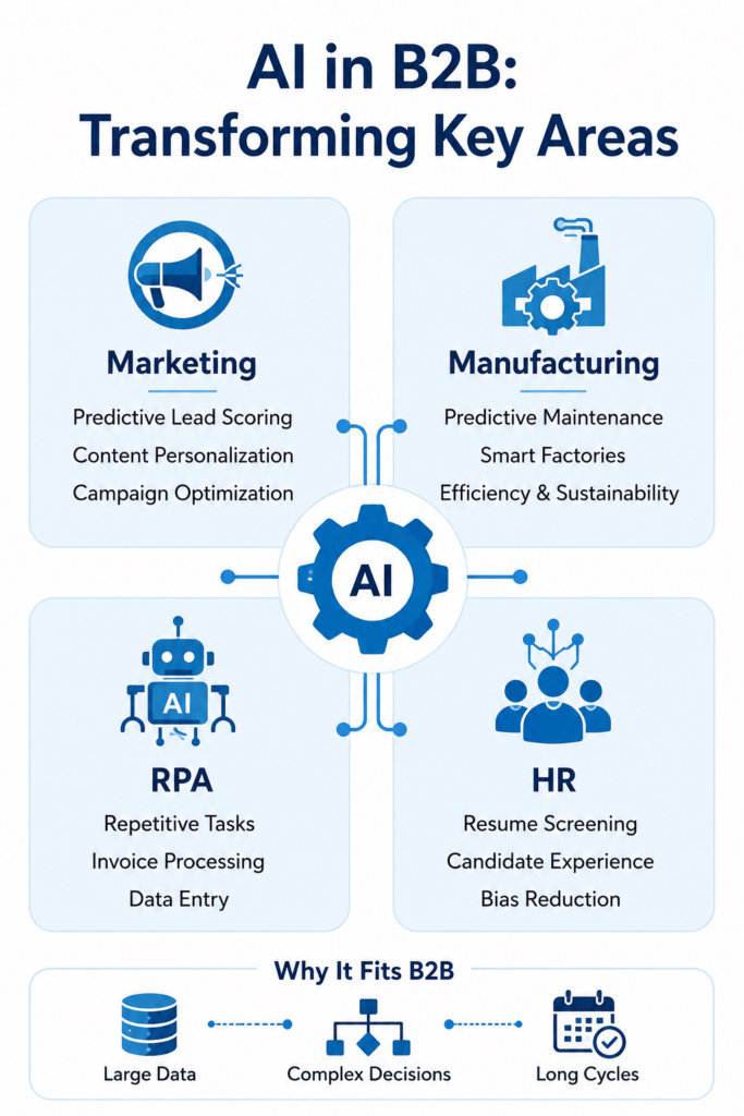 Infographic showing why AI in B2B fits complex data, decisions, and sales cycles