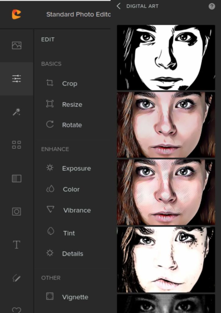 Colorcinch sidebar layout along with digital art filters