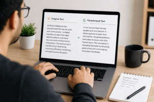 Writer using an AI paraphrasing tool to rewrite content and avoid plagiarism