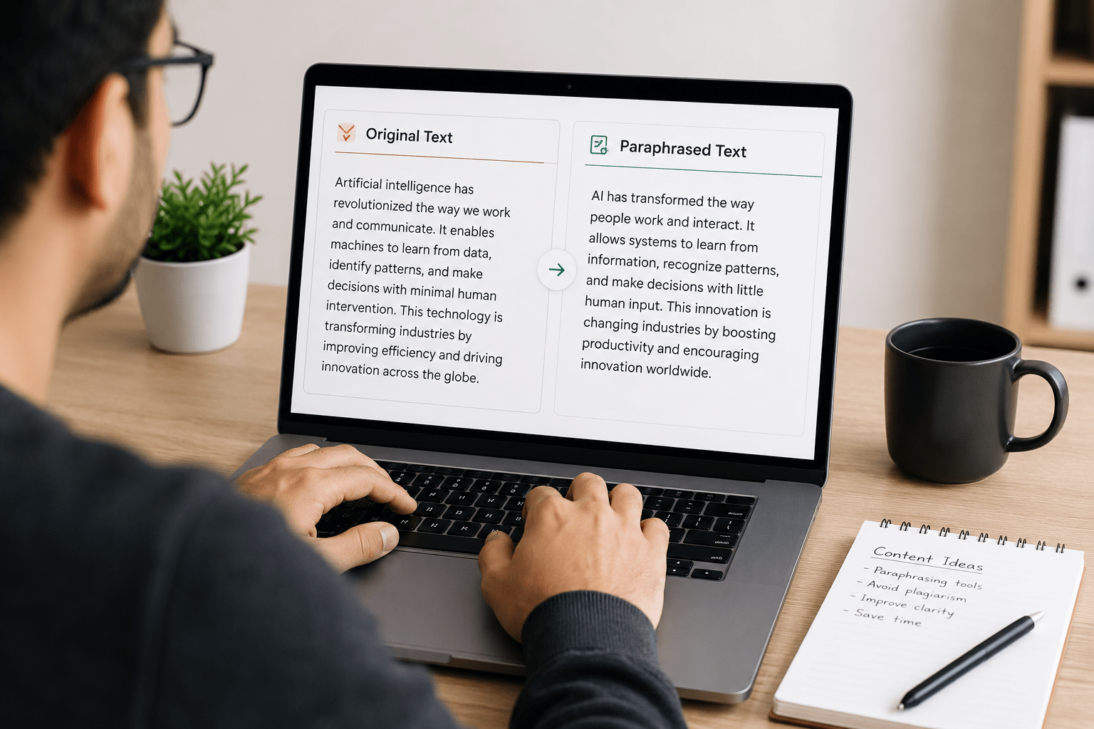 How an AI Paraphrasing Tool Helps Writers Beat Plagiarism Checks in Content? 1 Writer using an AI paraphrasing tool to rewrite content and avoid plagiarism
