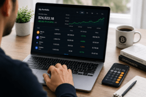 Converting cryptocurrency to cash using a laptop and crypto calculator