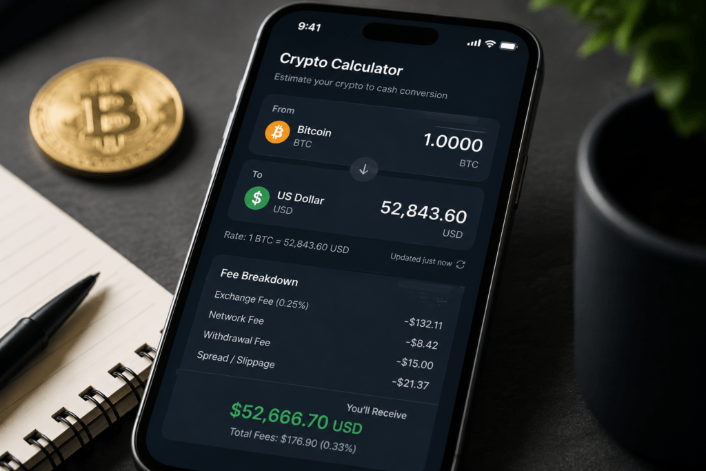 How to Convert Cryptocurrency to Cash: A Practical Guide 4 Crypto calculator interface showing conversion rate and fees on a phone