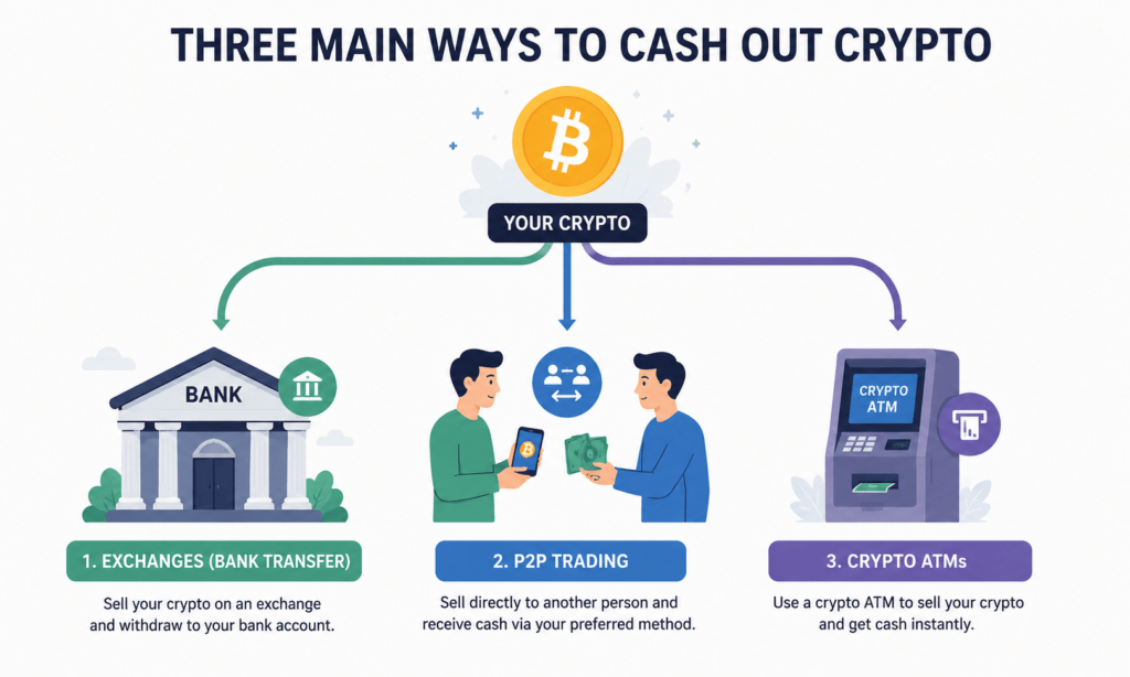 How to Convert Cryptocurrency to Cash: A Practical Guide 3 Illustration of three ways to convert cryptocurrency to cash: exchange, P2P, ATM