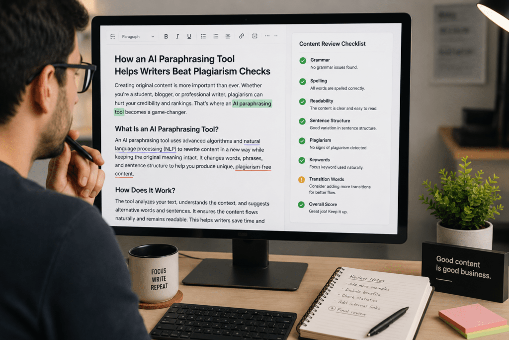How an AI Paraphrasing Tool Helps Writers Beat Plagiarism Checks in Content? 4 writer-reviewing-ai-paraphrased-content-checklist.webp