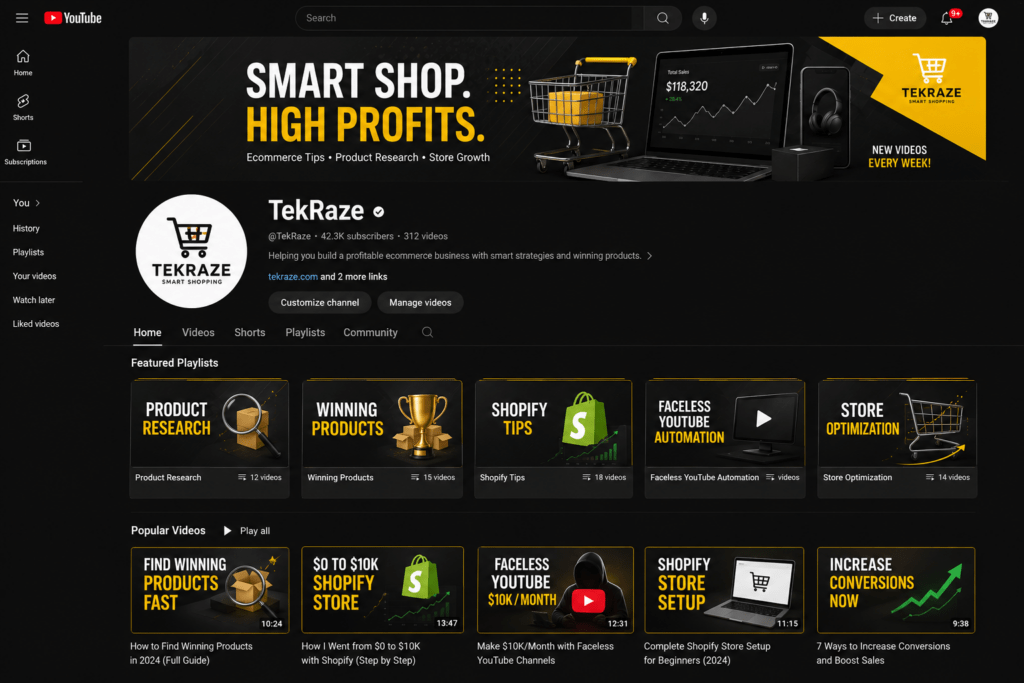 Professional YouTube channel setup with consistent branding for an ecommerce business