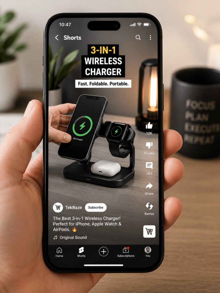 Smartphone showing a YouTube Shorts product demonstration video for an ecommerce brand