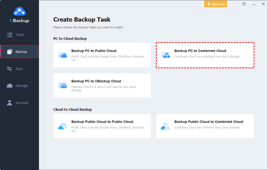 Cloud Backup Task Page for free cloud backup service