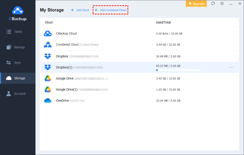 Combined Cloud page on CBackup Cloud backup software