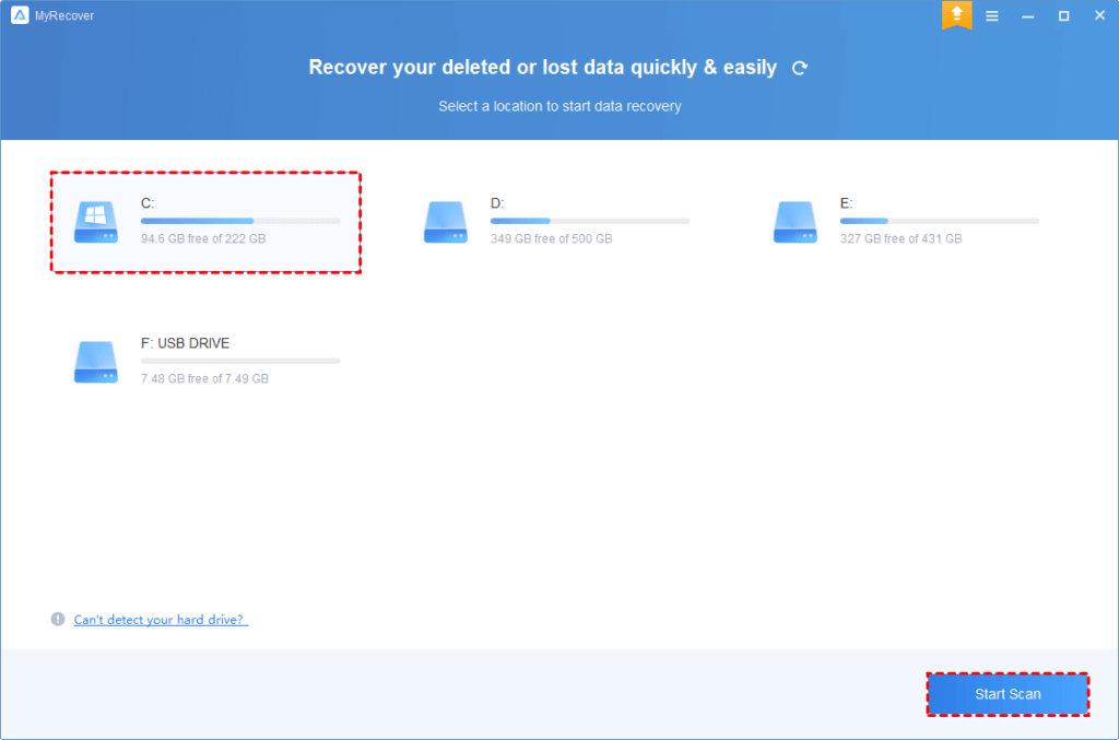 Disk Recovery scan and disk selection screen