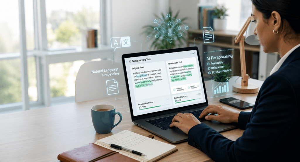 Powerful Ways AI-Based Paraphrasing Tools Help You Write Better Blog Content 3 Professional content writer using an AI paraphrasing tool to improve blog content and readability