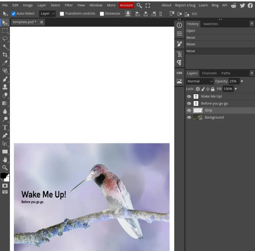 Showing a PSD template opened in photoshop online free editor