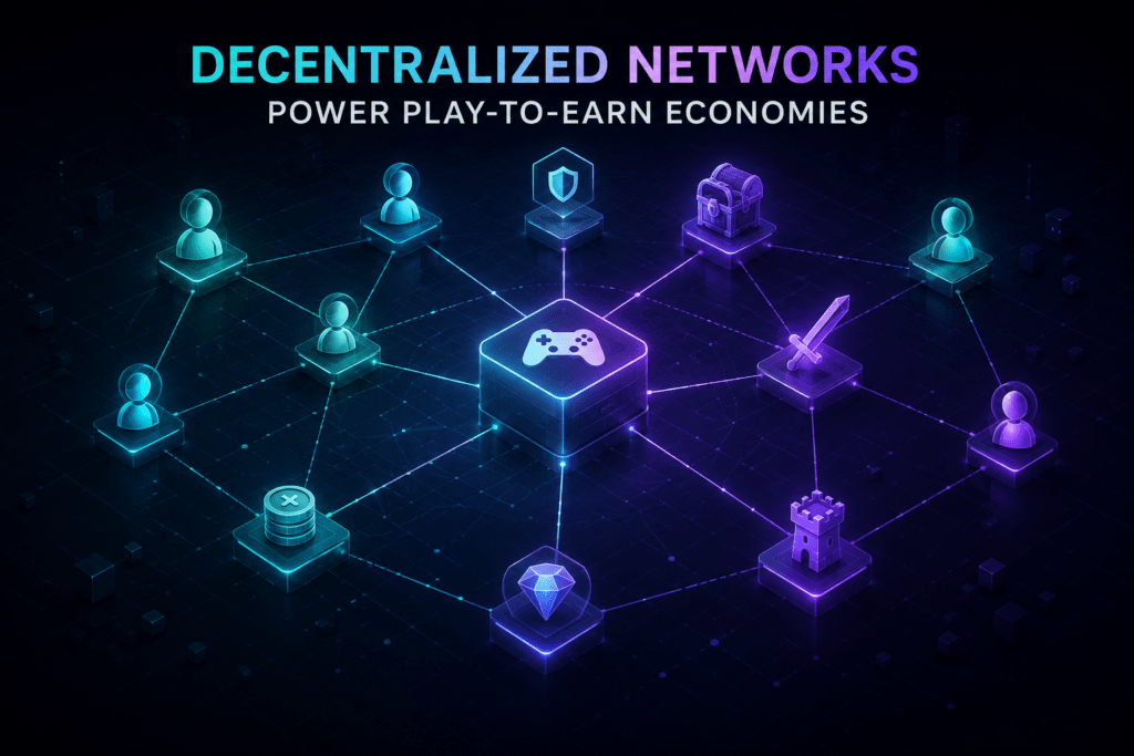 Network of connected nodes representing play-to-earn gaming blockchain