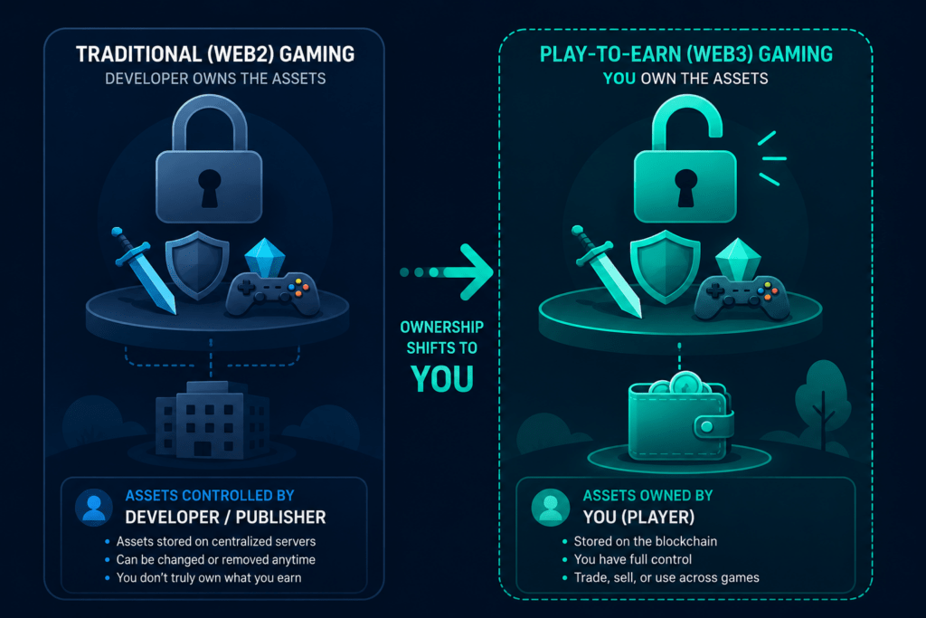 Diagram showing play-to-earn gaming asset ownership moving to the player