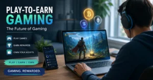 Diagram showing play-to-earn gaming asset ownership moving to the player