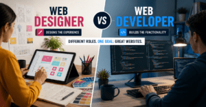 Split-screen web developer vs web designer workspace comparison