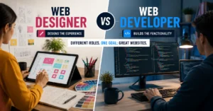 Split-screen web developer vs web designer workspace comparison