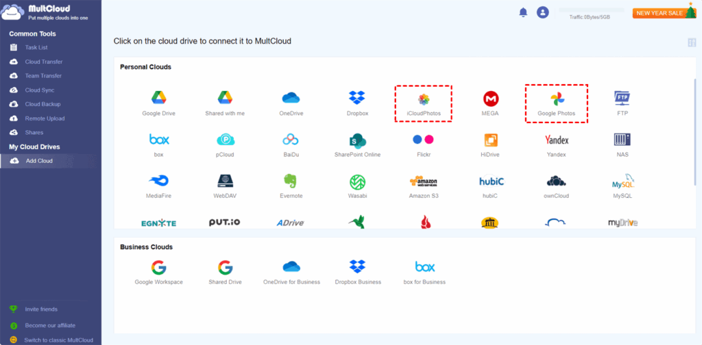 How to Transfer Photos from Google Photos to iCloud via MultCloud 5 Multcloud software cloud selection screen for selecting google photos