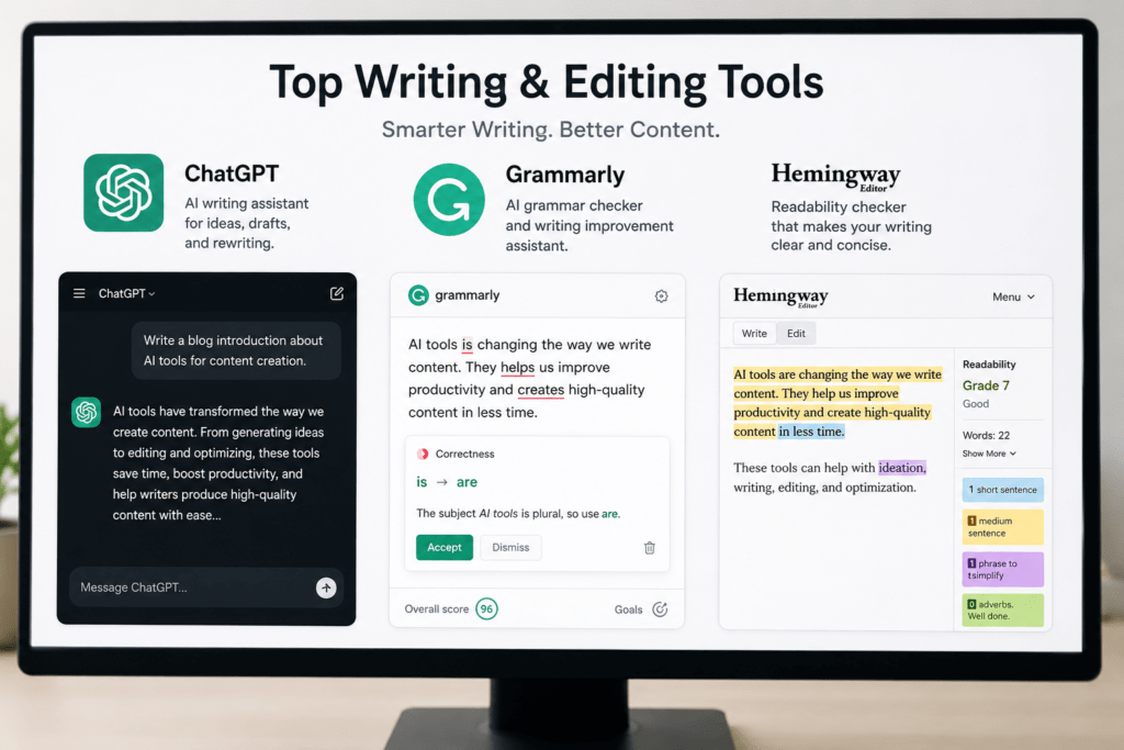 Popular AI writing tools including ChatGPT, Grammarly, and Hemingway Editor for content optimization