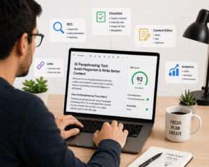 Writer optimizing digital content using web tools and writing techniques for better SEO