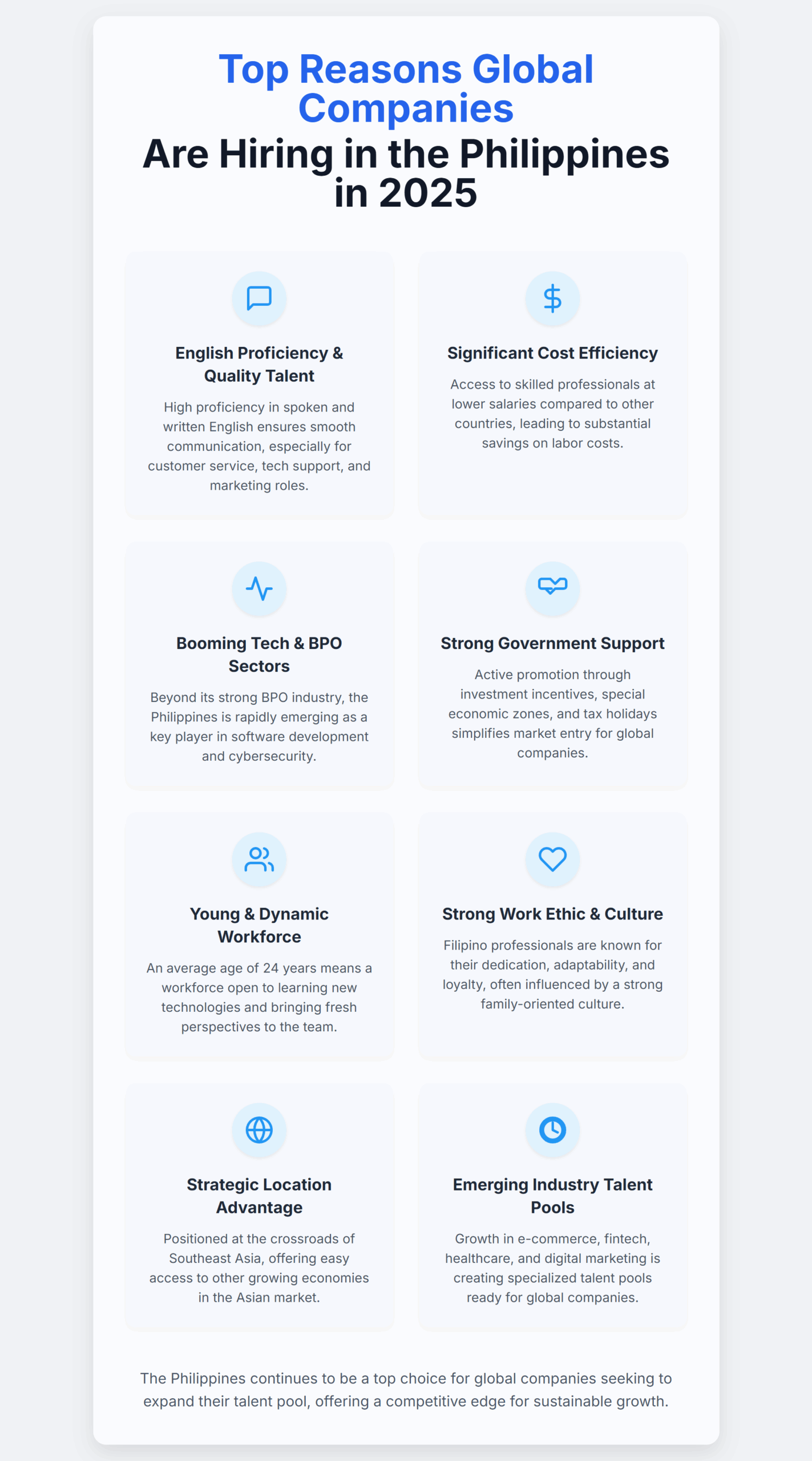 Top Reasons Global Companies Are Hiring in the Philippines in 2025 3 Infographics about why companies hiring in the Philippines