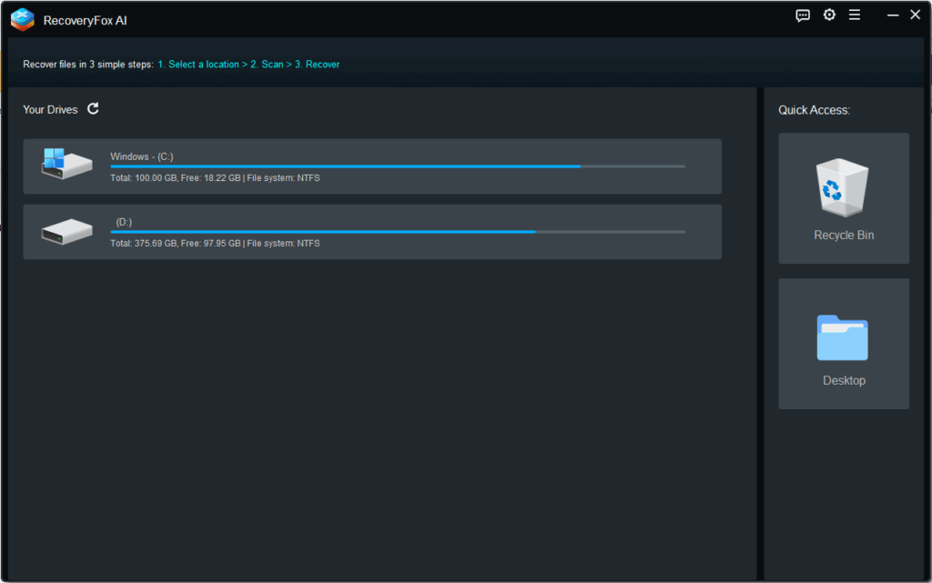 Drive Selection Screen on RecoveryFox AI Software on Windows