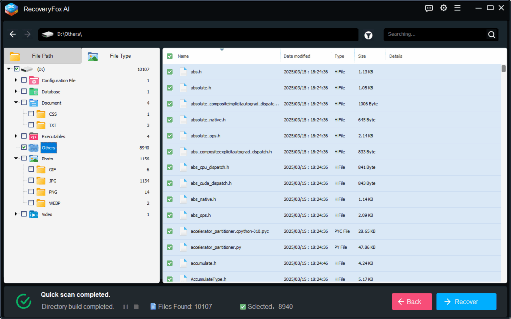 Recovery Files Selection Screen on RecoveryFox AI Software on Windows