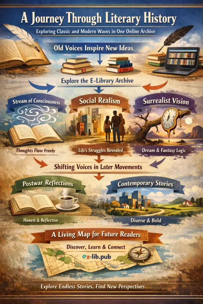 Infographic showing the evolution of literary movements from Romanticism and Modernism to contemporary writing through a digital e-library archive