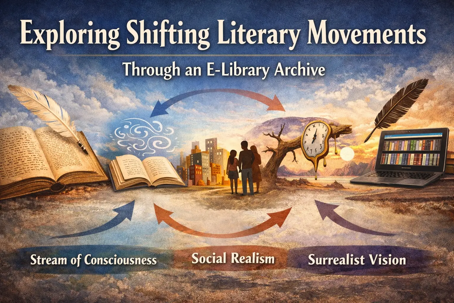 Illustration of classic books and a digital library representing shifting literary movements from modernist to contemporary literature