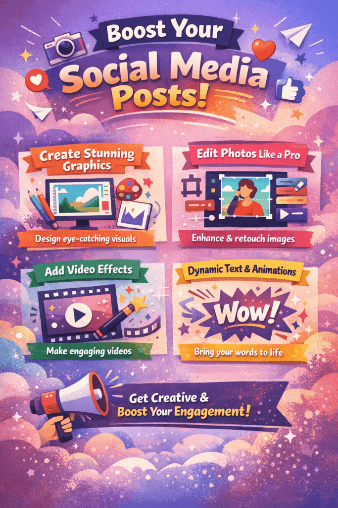Infographic showing four ways to enhance social media posts including image creation, photo editing, video effects, and animated text for better engagement.