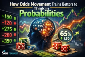 Illustration showing sportsbook odds movement, probability percentages, betting charts, and a human brain visualizing probabilistic thinking in sports betting.