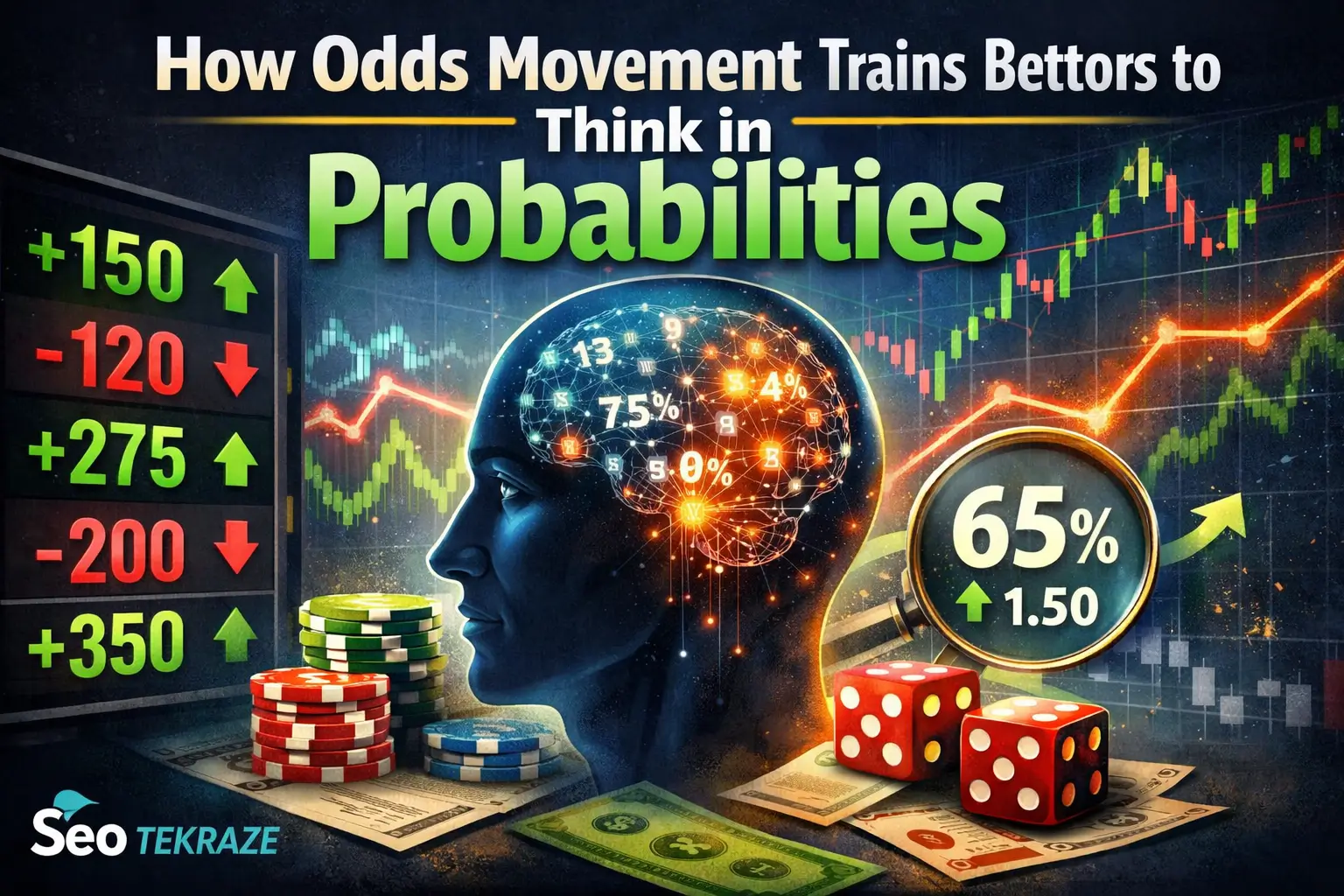 Illustration showing sportsbook odds movement, probability percentages, betting charts, and a human brain visualizing probabilistic thinking in sports betting.