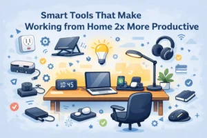 Smart tools that make working from home 2x more productive with smart desk setup illustration