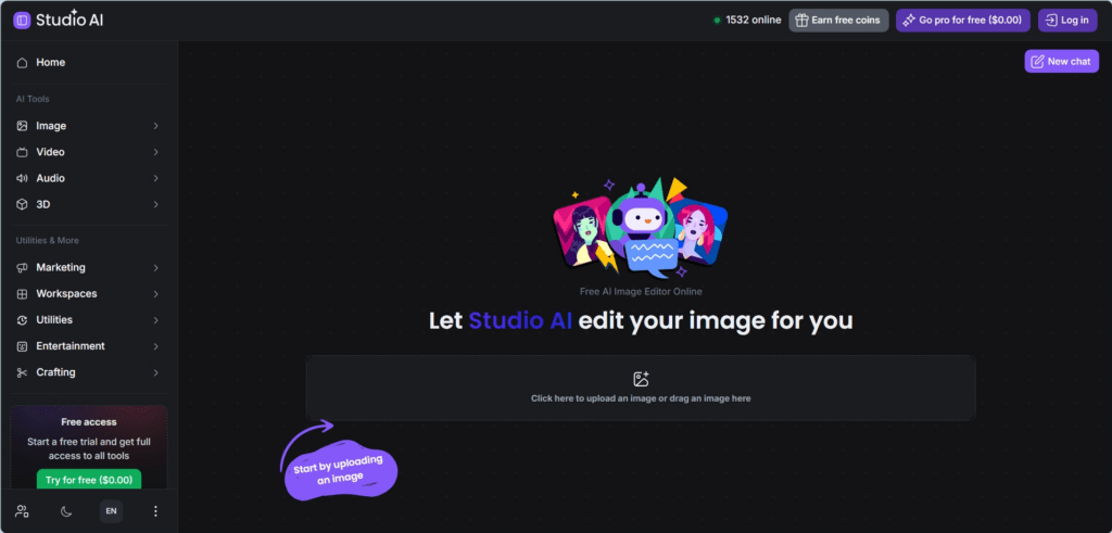 Studio AI Image Editor Dashboard Screen
