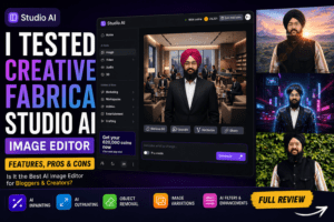 Creative Fabrica Studio AI Image Editor review showing AI image editing, background replacement, anime style generation, object removal, and image enhancement features.