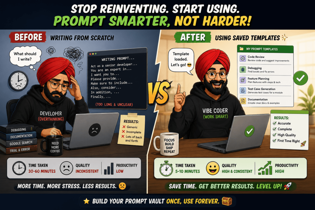 Before and after comparison showing benefits of using reusable prompt templates