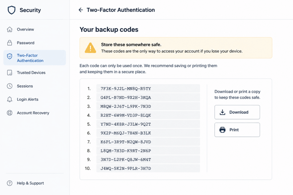 How to Set Up Two Factor Authentication: 5 Easy Steps 5 Mockup of backup recovery codes shown during two factor authentication setup