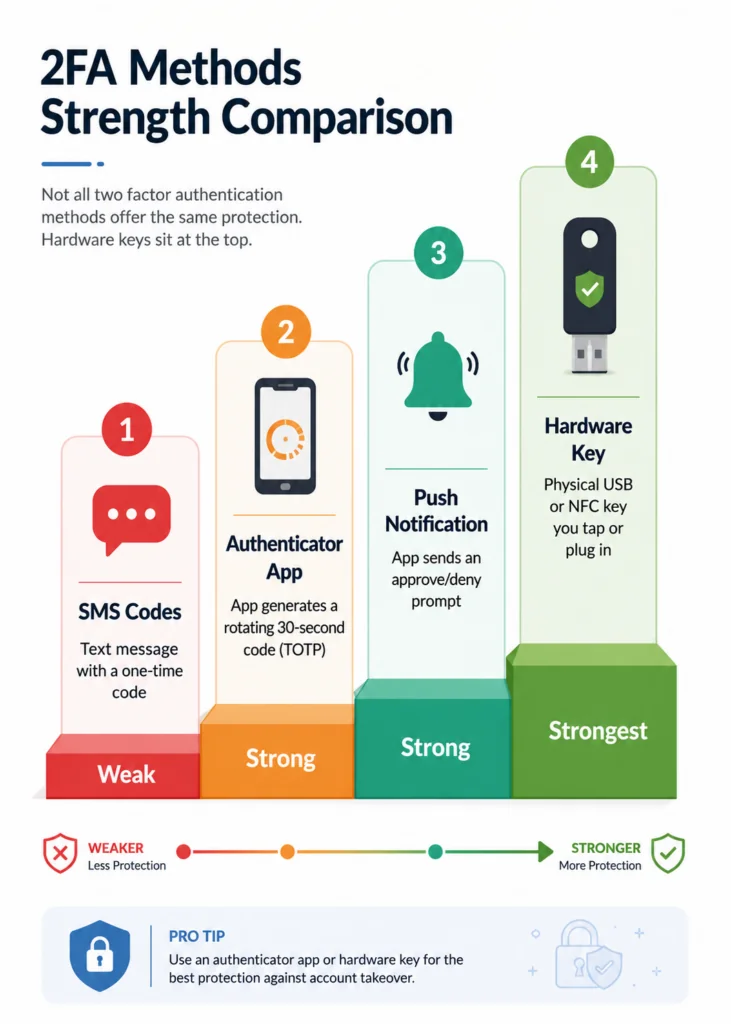 How to Set Up Two Factor Authentication: 5 Easy Steps 3 how to set up two factor authentication methods ranked from SMS codes to hardware security keys by strength