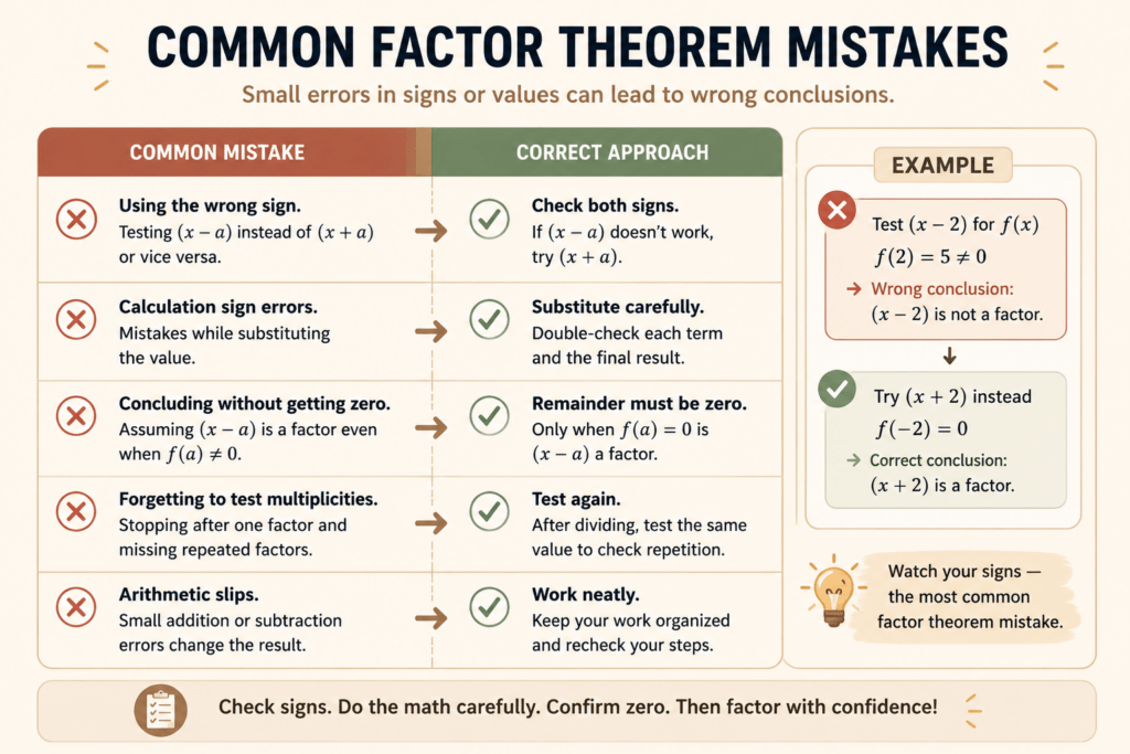 Common factor theorem mistakes like sign errors highlighted
