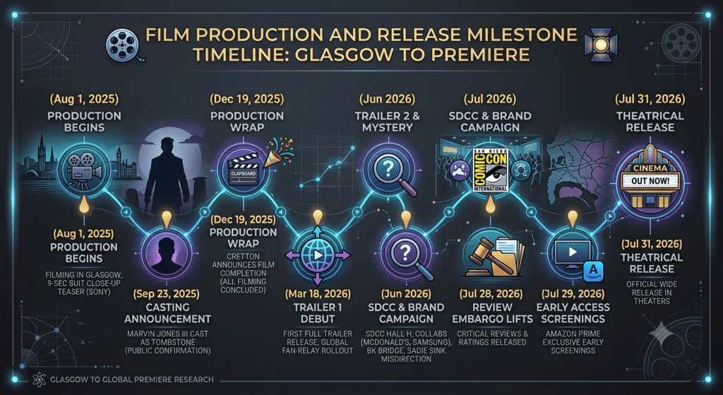 Spider-Man Brand New Day marketing campaign timeline shown as a glowing city skyline calendar