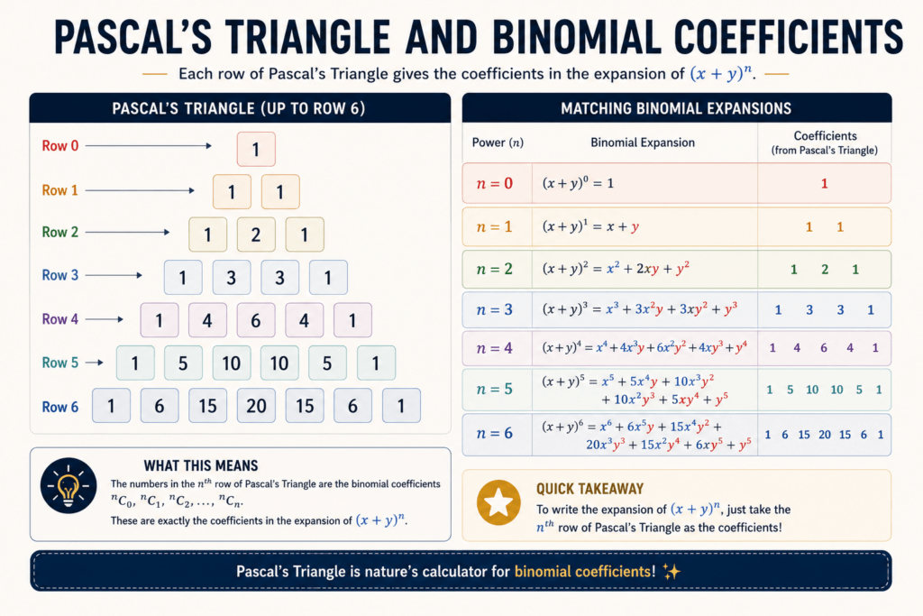 Pascal's Triangle rows matched to binomial theorem coefficients for small powers